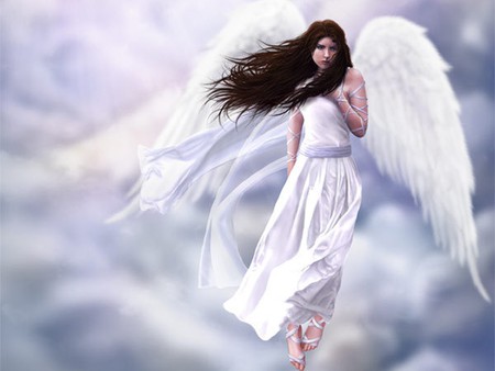 ANGEL IN WHITE - white, angel, female, clouds, wings