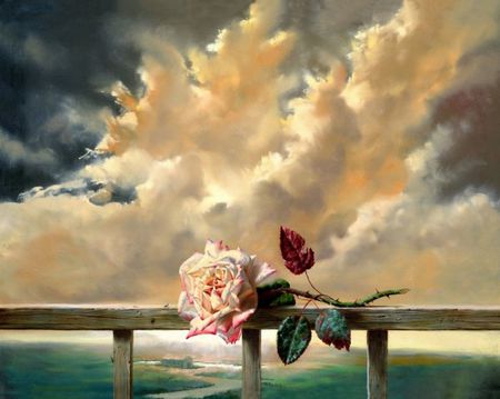 Rose - love, sky, sunset, fantasy, storm, balconi, pink, clouds, sea, flower