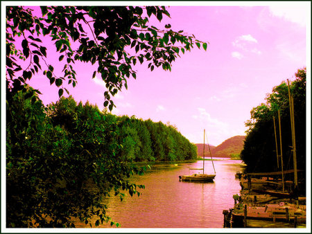 Pink Dawn - boats, dawn, river, trees, pink, sky