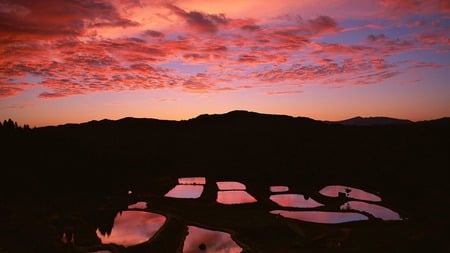 Red Sunrise - sunrise, water pools, mountains, red sky