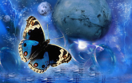 Into the blue - water, butterfly, planets, blue