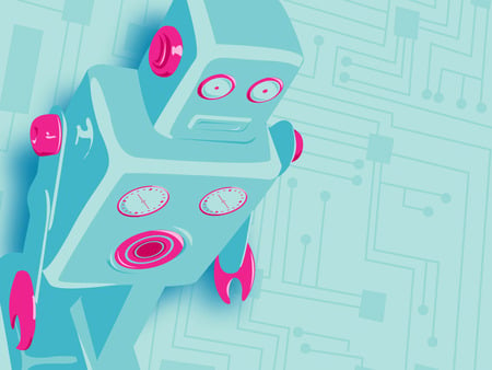 Blue Robot - sad, blue, circuitry diagram, deep pink, robot