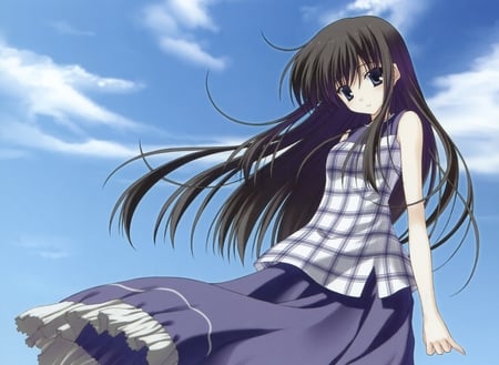 Standing in the wind - sky, girl, blue eyes, anime, long hair, cute, brown hair