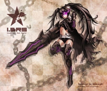 I.BRS - sexy, girl, insane black rock shooter, twintails, anime, long hair, black hair, purple eyes