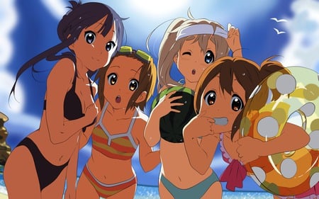 K-on! - girls, beach, vector, sexy, swimsuit, sun, kotobuki tsumugi, k-on, bikini, anime, sea, cute, tainaka ritsu, akiyama mio, hirasawa yui