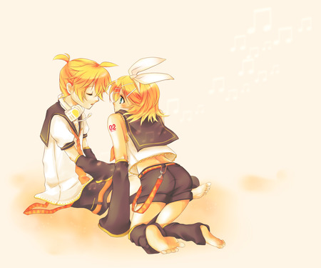 Len & Rin - anime, vocaloid, girl, kagamine len, blonde hair, short hair, boy, kagamine rin, headphones, cute, barefoot, brothers, blue eyes