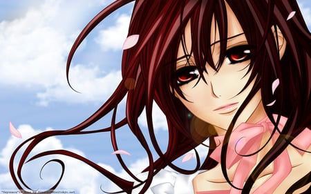 Kuran Juuri - clouds, brown eyes, anime, kuran juuri, girl, brown hair, petals, cute, close, sexy, sky, ribbons, vampire knight