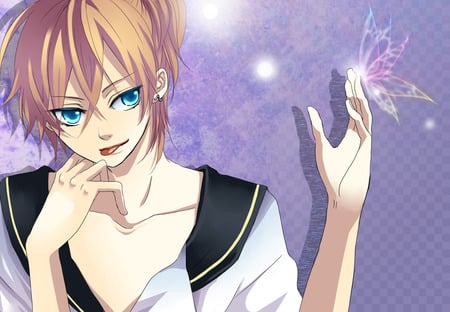 Kagamine Rin & Len - blue eyes, purple, butterfly, blonde hair, vocaloid, boy, anime, kagamine len, short hair