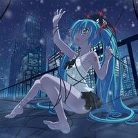 aqua eyes aqua hair barefoot bow hatsune miku night skirt snow vocaloid