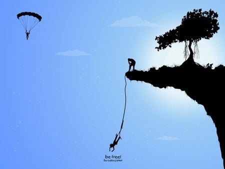 Be Free - cliff, parachuting, figures, silloute, blue skies, tree, shadow