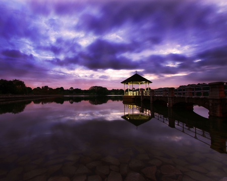 Beautiful View - hut, sky, water, sunset, stunning, nature, walkway, skies, sunrise