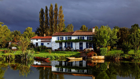 cool house - house, trees, hot, cool house, boat, scene, forest, flower, path, nature, lake