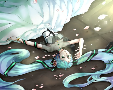 Hatsune Miku - hatsune miku, sexy, girl, ribbons, twintails, blue eyes, long hair, blue hair, vocaloid, petals, anime, cute, flower, dress