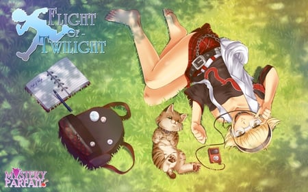 Vivienne Carter - yellow eyes, mystery parfait, sexy, glasses, cat, girl, bag, ipod, vivienne carter, notebook, flight of twilight, blonde hair, anime, grass, cute, short hair