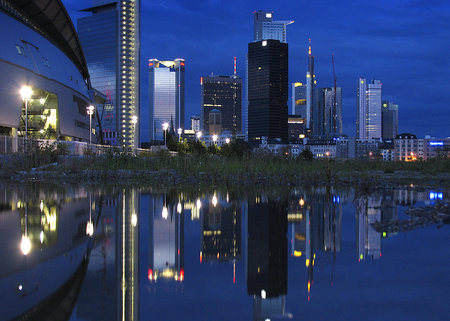 Frankfurt City - bank, skyline, germany, black, frankfurt, buildings, night, blue, city, at, main