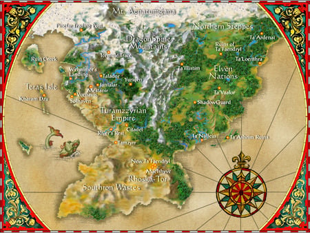 elanith - green, map, red, tan