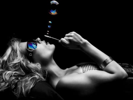 Bubbles - female, blue, woman, photography, bubbles, black and white, girlsunglasses, art