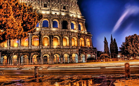 Colosseum,Rome - nice, street, sky, italy, trees, monument, road, painting, gorgeous, amazing, reflection, evening, architecture, hdr, tree, monuments, building, light, night, summer, acient, lovely, colosseum, blue, beautiful, rome, lights, europe