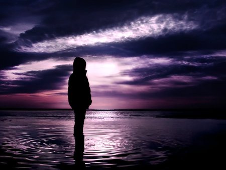 THE BUTTERFLY EFFECT - purple, sky, female, clouds, water, twilight