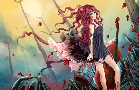 Depth - sexy, hot, female, girl, anime girl, wind, viola, cage, windy, anime, cute