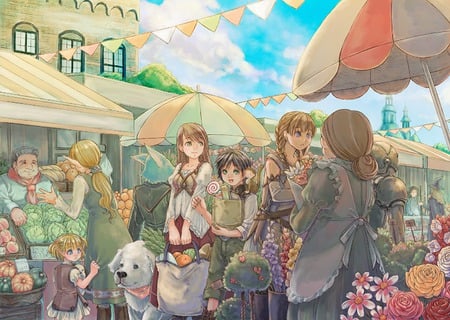 Daily Shopping - female, people, hot, anime girl, umbrella, dog, anime, food, monkey, house, cute, male, sexy, building, vegetable, girl, vegetables, shop, stall, boy, animal, market, flower