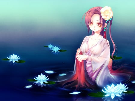 Blue Lotus - sexy, hot, girl, female, water, anime girl, lotus, water lily, anime, kimono, pond, cute, flower