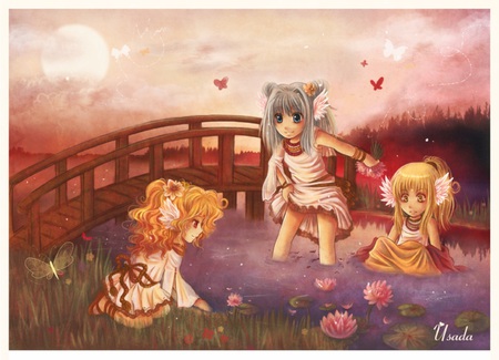 Days when we were happy - girls, flower, cute, bridge, anime girl, girl, lotus, cloud, child, water, wing, anime, kid, sky, children, pond, butterfly, water lily, moon, female, kids