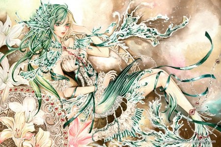 Mermaid Lily - jewelry, sexy, hot, female, girl, water, jewel, gem stone, anime girl, fantasy, anime, cute, flower