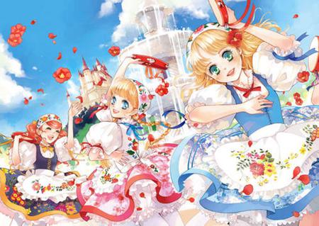 Happy Girls - flower, cute, water, anime, anime girl, girl, dress, fountain, sky, palace, building, water fountain, female, castle, house