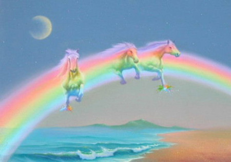 Rainbow of life - horses, sky, rainbow, crescent, sea