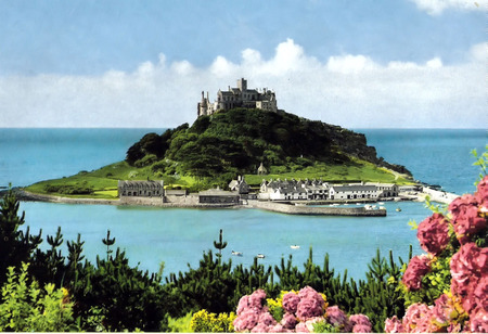 St.michael,s Mount.cornwell.uk - flowers, boats, homes, trees, hill side, sky