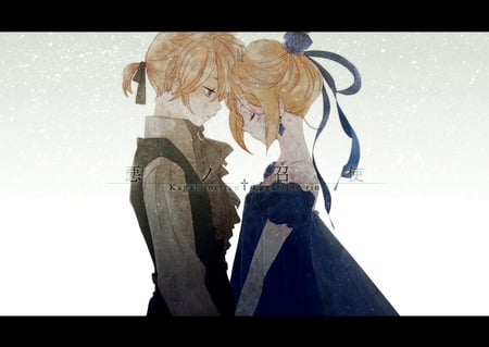 Len & Rin - sexy, brothers, girl, kagamine rin, ribbons, blue eyes, blonde hair, boy, vocaloid, snow, anime, kagamine len, cute, short hair