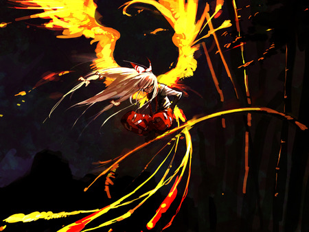 Unquestioned Sanity - touhou, night, anime, wings, phoenix, fire, fujiwara no mokou