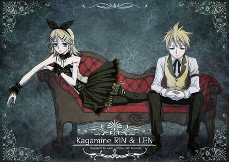 Len & Rin - anime, vocaloid, sofa, girl, kagamine len, blonde hair, gothic, short hair, boy, kagamine rin, cute, brothers, blue eyes