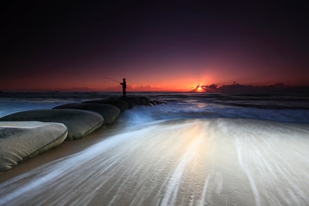 Relaxation - beaches, horizon, nice, fishing, beach, water, black, rocks, white, cool, man, sunsets, seascape, wawes, nature, red, blue, beautiful, fisherman, stones, sunrise, sea