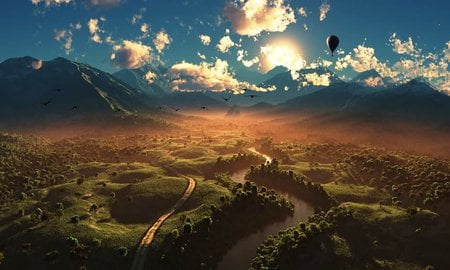 Route Other - birds, rivers, amazing, brown, grass, forests, trail, nice, art, sky, other, clouds, abstract, trees, water, beautiful, balloon, photoshop, road, 3d and cg, cool, valley, orange, route, fantasy, white, grasslands, mounts, awesome, green, mountains