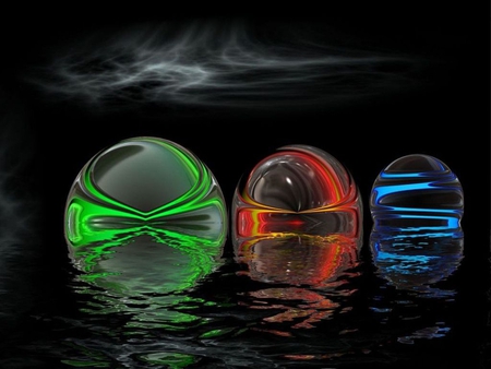 Spheres - water, black, wave, white, balls, art, abstract, shimmering, globes, red, blue, green, color, rippleling, spheres