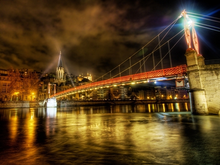 City at night - river, lights, city, night, bridge, catedral