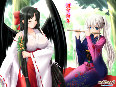 Fantasy Life - anime, anime girl, female, wing, hot, girl, angel, kimono, light, bell, tree, girls, flute, cute, sexy