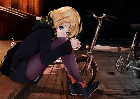 Kagamine Rin - anime, vocaloid, girl, blonde hair, short hair, kagamine rin, scarf, cute, bicycle, sexy, blue eyes