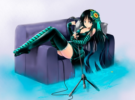 Akiyama Mio - anime, sofa, girl, couch, long hair, microphone, akiyama mio, k-on, black hair, cute, sexy, blue eyes