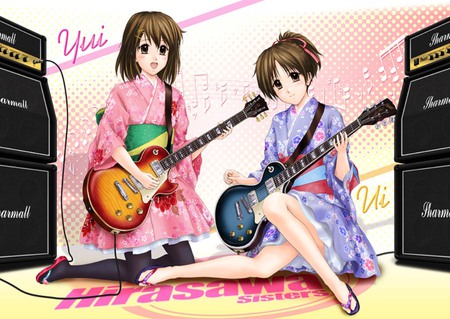 Yui and Ui - anime, anime girl, female, hot, girl, kimono, girls, music, guitar, cute, sexy