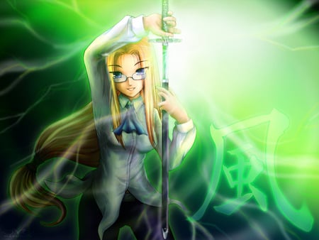 Emerald Wind - sexy, hot, female, girl, light, magic, anime girl, blade, fantasy, anime, green, weapon, sword, cute