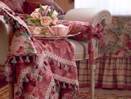 In pink  - house, roses, pink, home, chair, flowers, style, armchair, classic, rose, cup