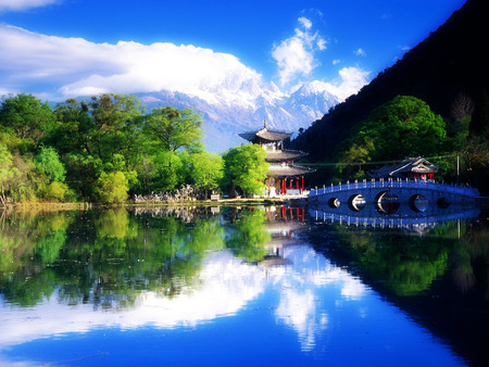 In Japain - bridges, trees, nature, lakes, sky