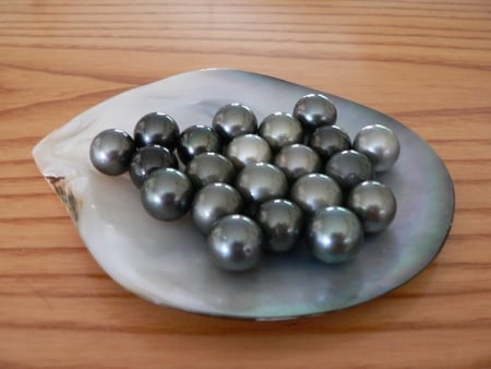 Black pearls - black, shell, pearls, silver, wood