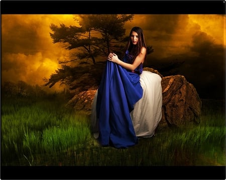 BEAUTY IN BLUE - trees, blue, rock, dress, beauty, sunset, digital, field, sitting