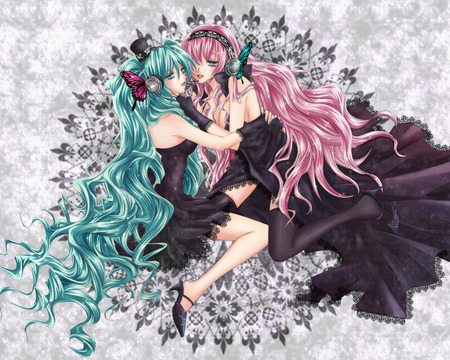 Miku & Luka - girls, hatsune miku, sexy, blue eyes, long hair, pink hair, blue hair, butterfly, magnet, headphones, vocaloid, megurine luka, anime, cute, dress