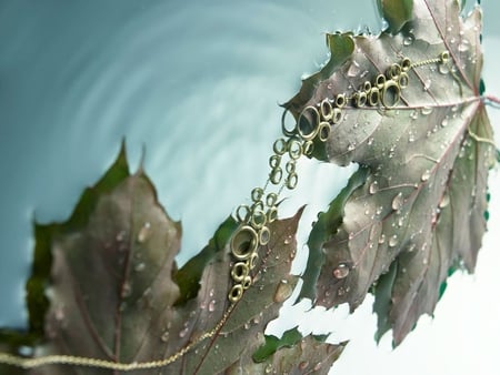 Chained together - gols, water, blue, waterdrops, chain, leaves