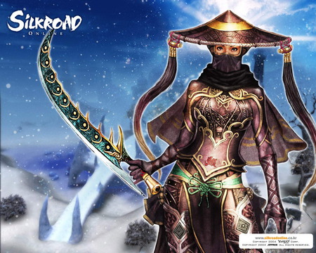 Silk Road 9 - woman, sky, purple, snow, blue, sword, asian